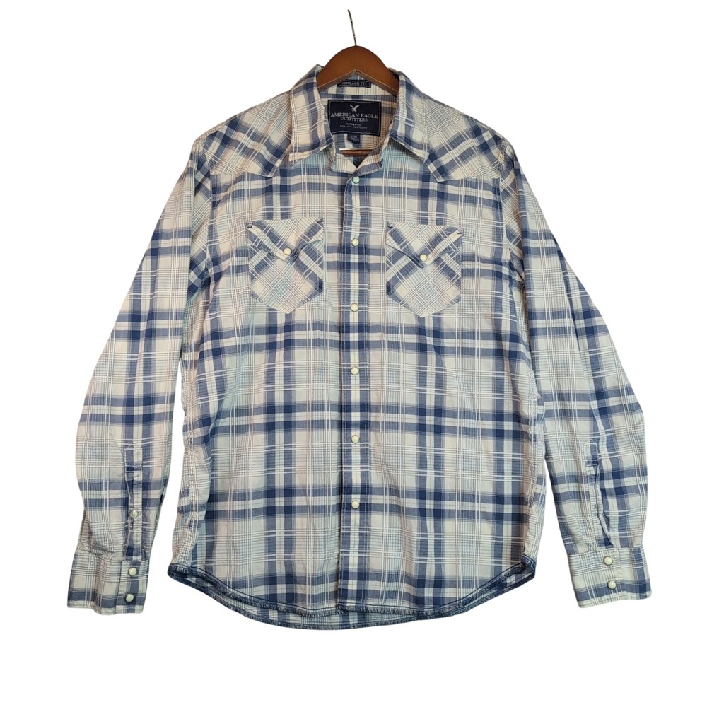 American Eagle Mens Western Pearl Snap Shirt Blue Plaid Vintage Fit Large Rodeo